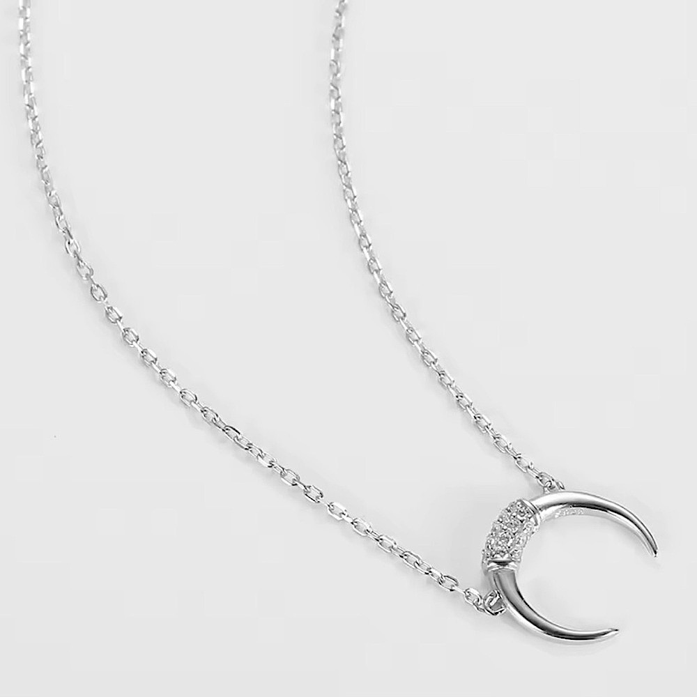 NEW Women’s Silver Crescent Moon Horn Simulated Pave‎ Diamond Necklace, 16-18”